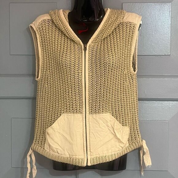 Anthropologie Daily Practice Open Air Tan Y2K Sweater Hooded Zip Front Vest Sz X - Picture 1 of 8
